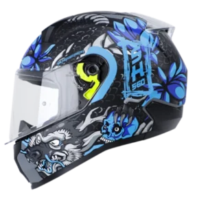 Casco integral SHAFT 560 Tianlong Azul BV con diseño de dragón azul, visor antirrayas, ventilación avanzada y acolchado interior desmontable.