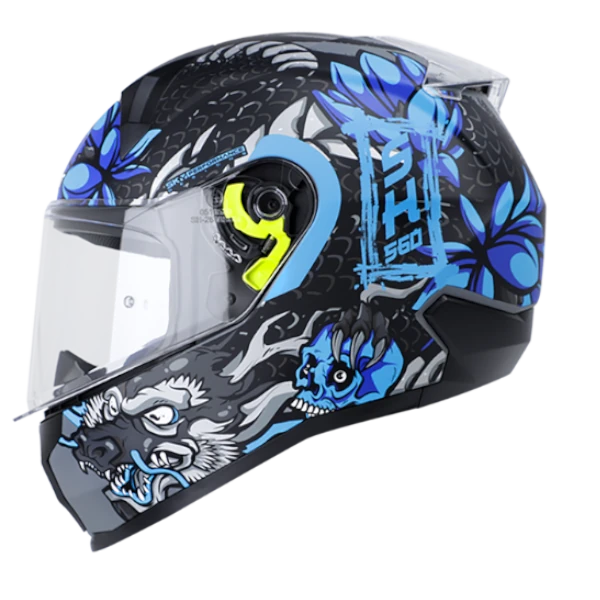 Casco integral SHAFT 560 Tianlong Azul BV con diseño de dragón azul, visor antirrayas, ventilación avanzada y acolchado interior desmontable.