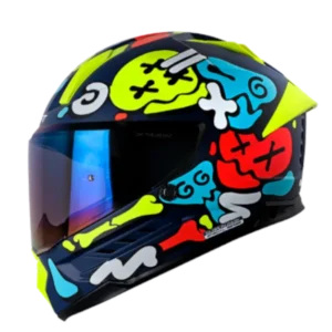 Casco integral SHAFT 595 Glowing Bones Azul Amarillo con diseño calavera que brilla en la oscuridad, visor antirrayas y ventilación avanzada.