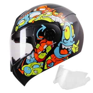 Casco abatible ICH 3110 Loco Toons color naranja con visera transparente – modelo original con diseño gráfico llamativo y certificación DOT.