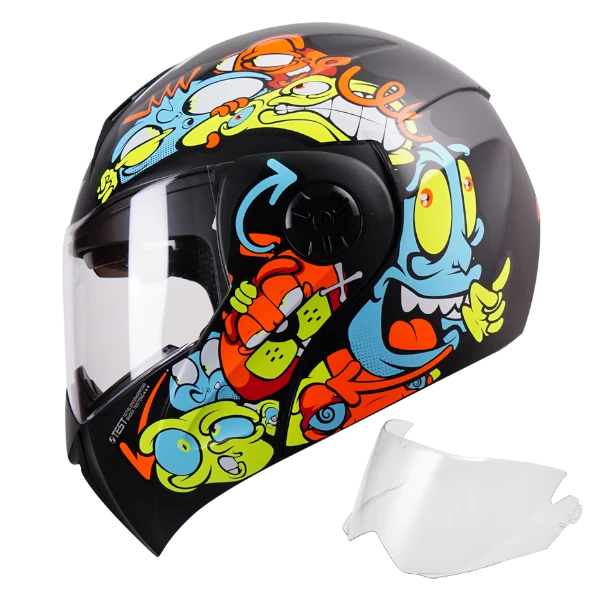 Casco abatible ICH 3110 Loco Toons color naranja con visera transparente – modelo original con diseño gráfico llamativo y certificación DOT.