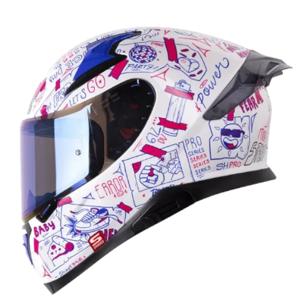 Casco Integral Shaft 612 DV EVO Things en color blanco y azul, vista lateral.