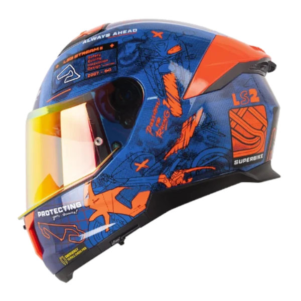 Casco integral LS2 808 Stream 2 GP azul naranja BV 2.0 con diseño deportivo y acabado brillante